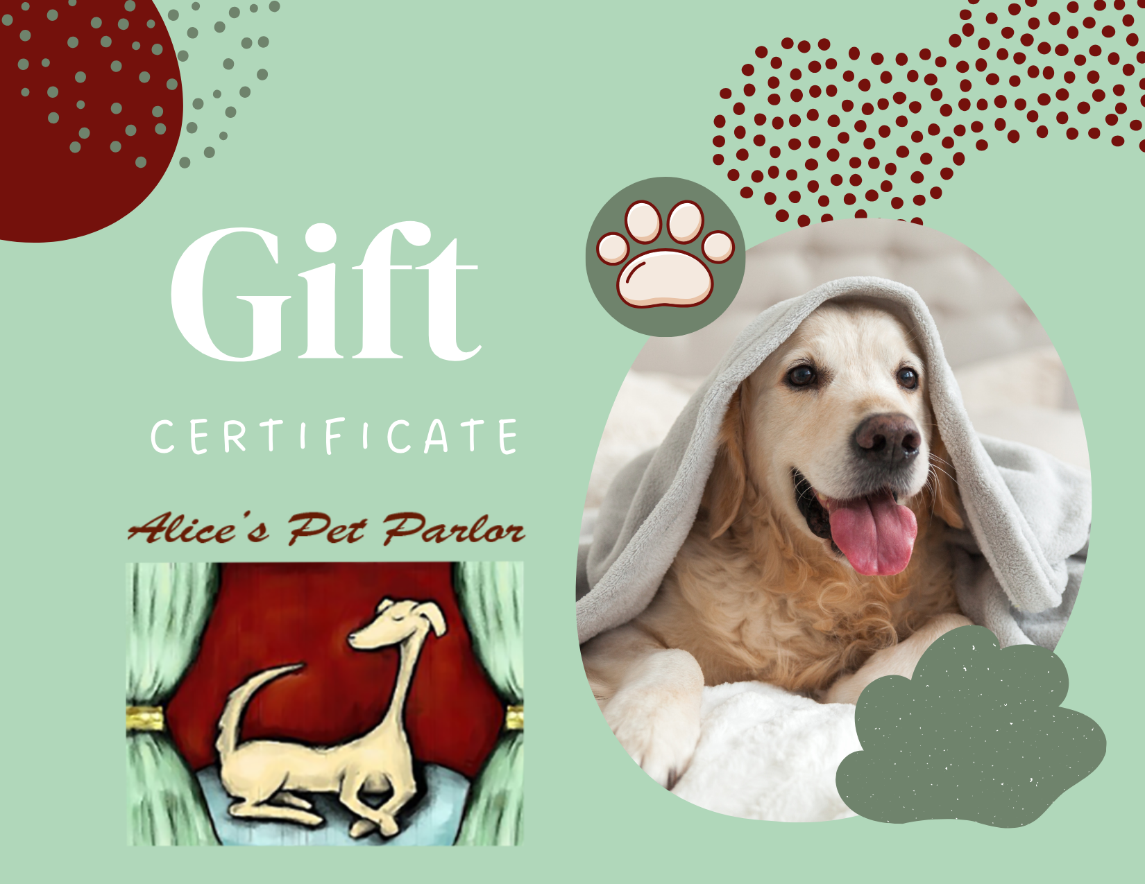 gift certificate for dog grooming dog under a towel